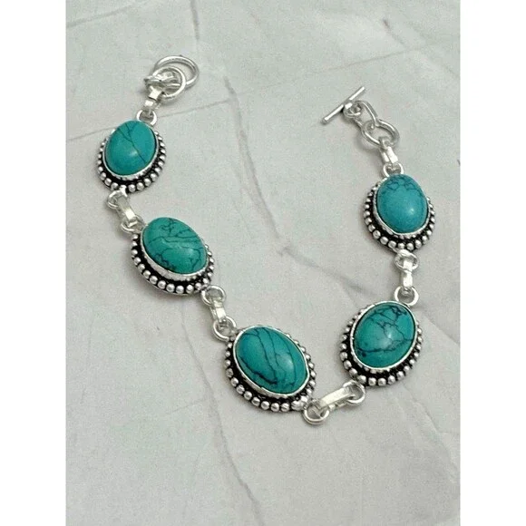 925 Sterling Silver Turquoise Howlite Bracelet Oval Link Statement - Picture 4 of 6